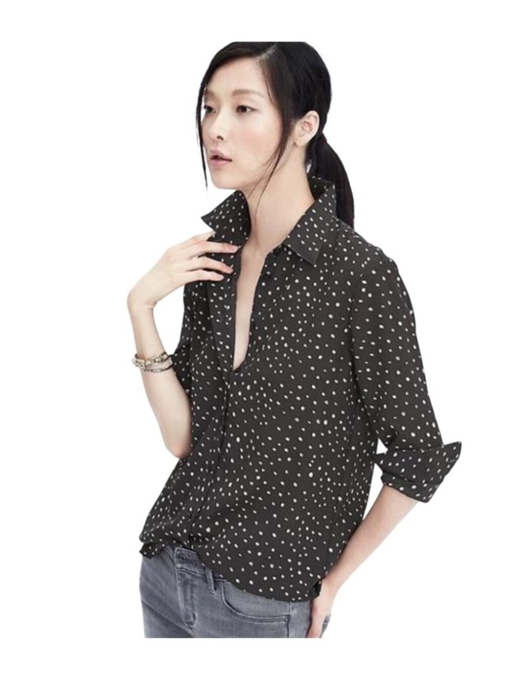 Banana Republic Womens Black Polka Dot Dillon Shirt Blouse Long Sleeve Size L
